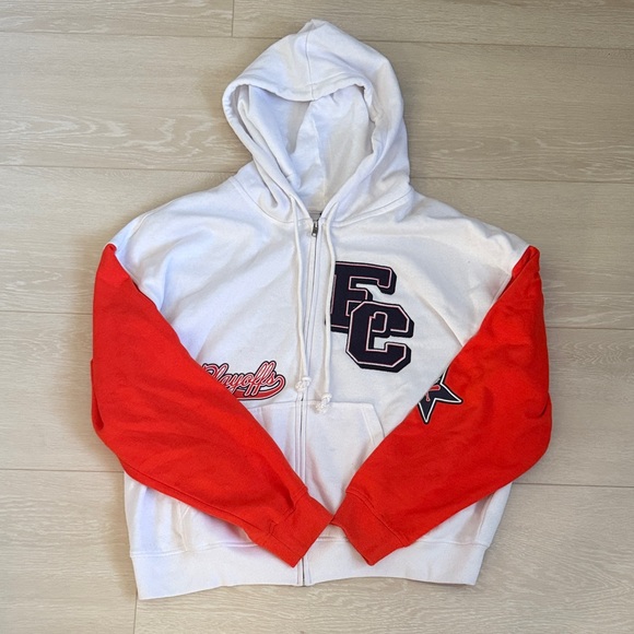 Divided White and Red Zip-Up Hoodie with Varsity Patches - Picture 2 of 8